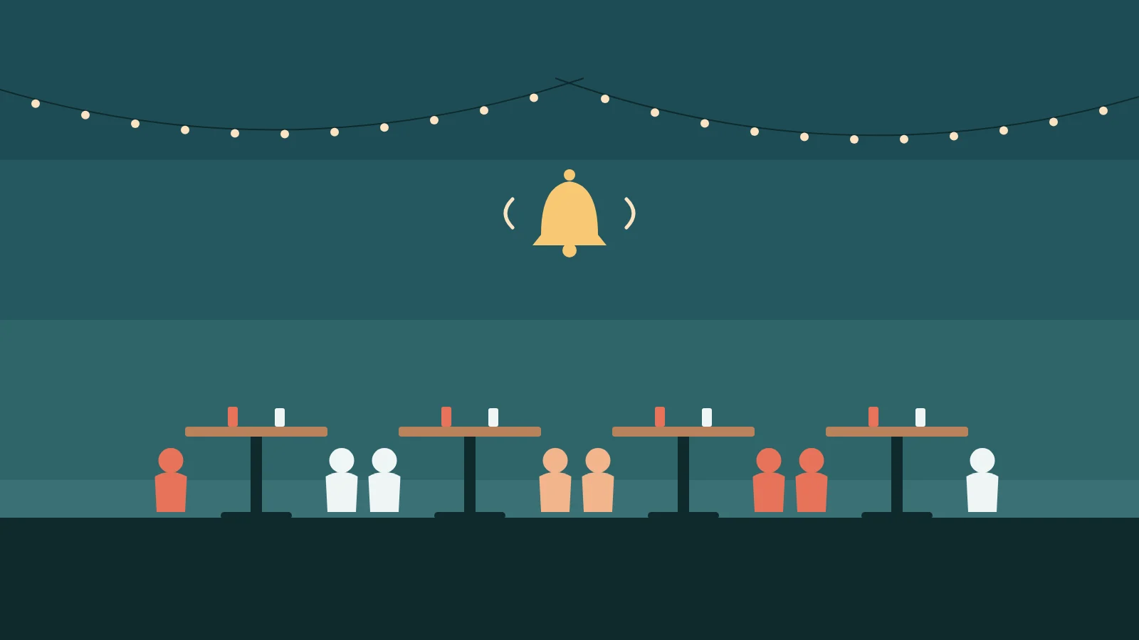 Guests meeting at speed dating tables beneath string lights, with a bell for the next rotation.