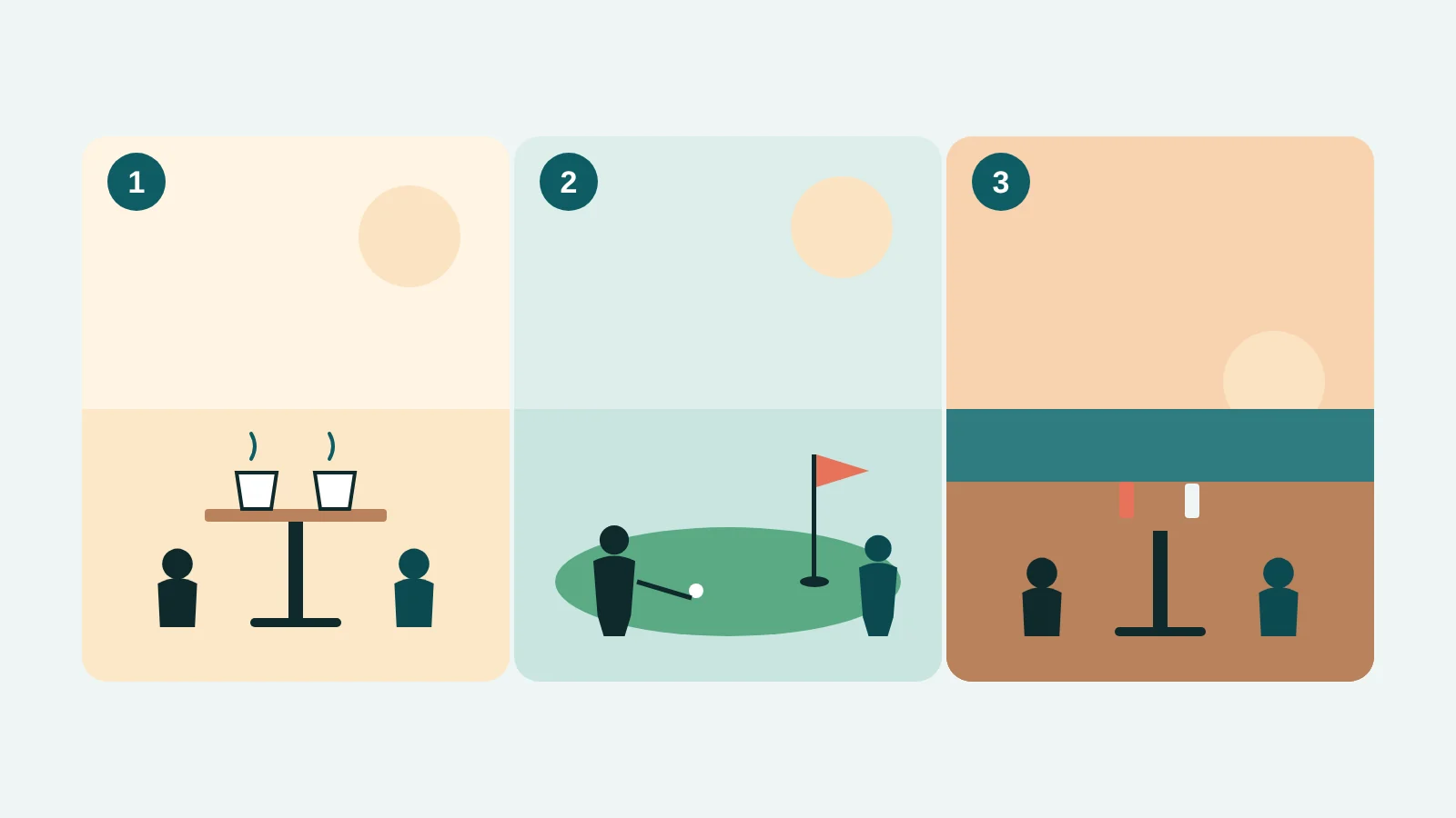 Three date ideas illustrated side by side: coffee, mini golf and drinks together.
