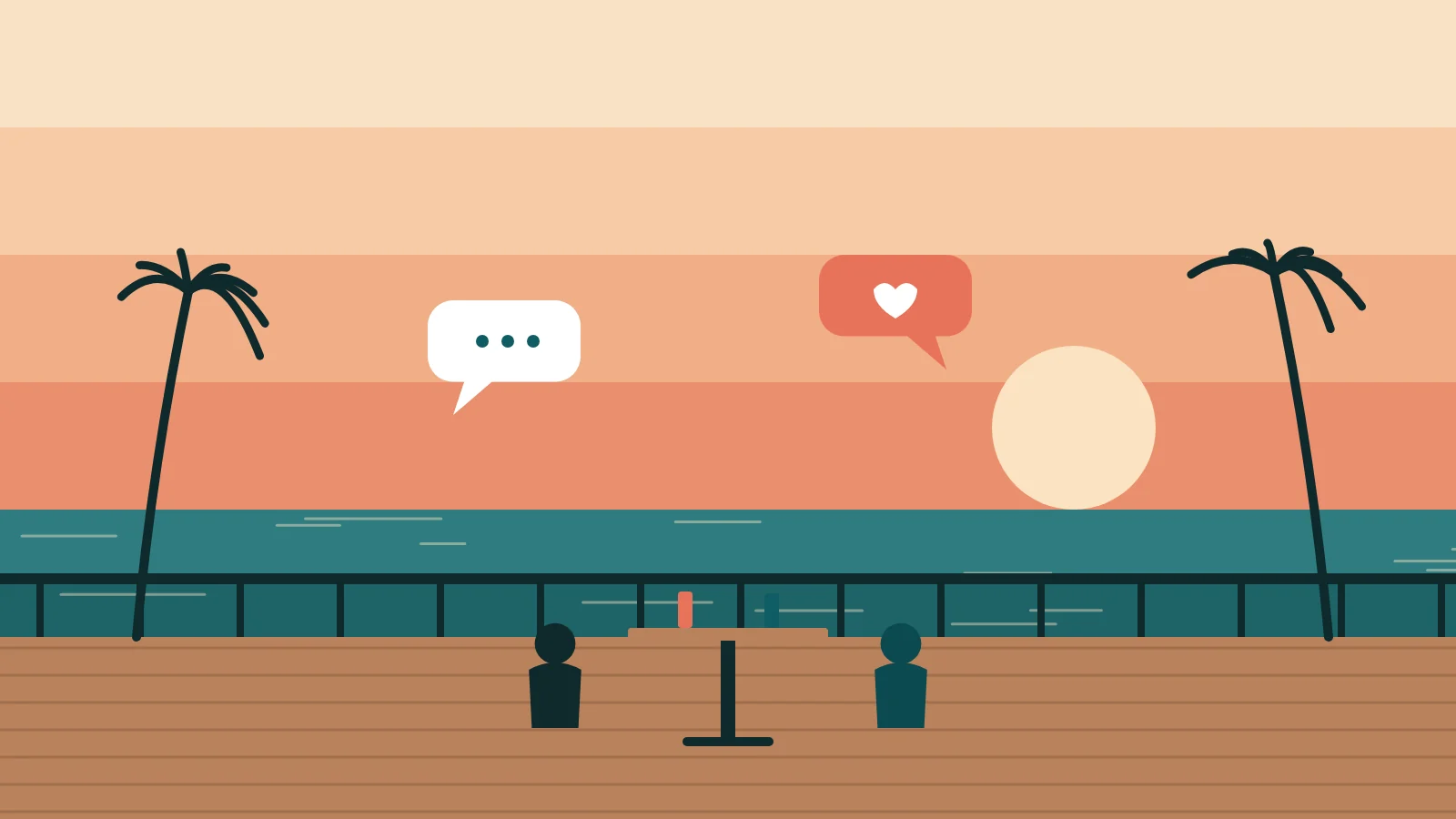 Two people talking at a waterfront table at sunset, with conversation bubbles above them.