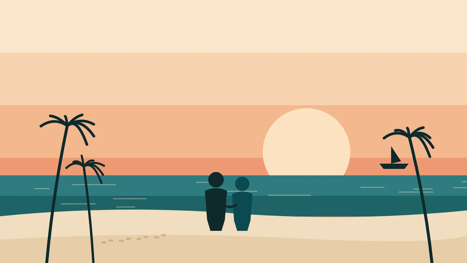 Two people sitting together on a palm-lined beach at sunset, with a sailboat on the water.